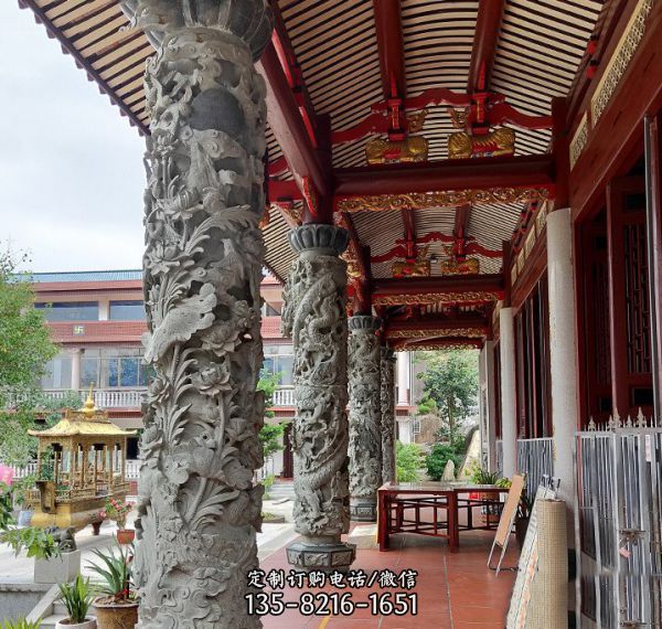 寺廟門前美觀裝飾石雕大型龍柱雕塑（1）