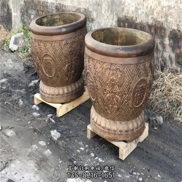青石石雕仿古做舊荷花花盆雕塑（1）