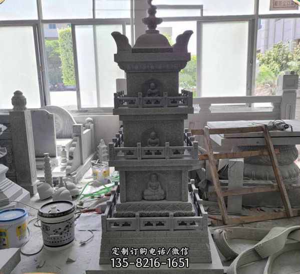 寺廟擺放青石多層三層小佛塔雕塑（2）
