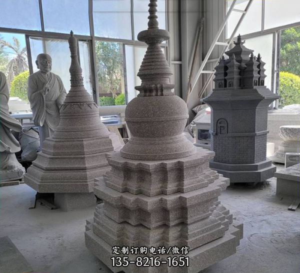 寺廟擺放青石多層三層小佛塔雕塑（1）