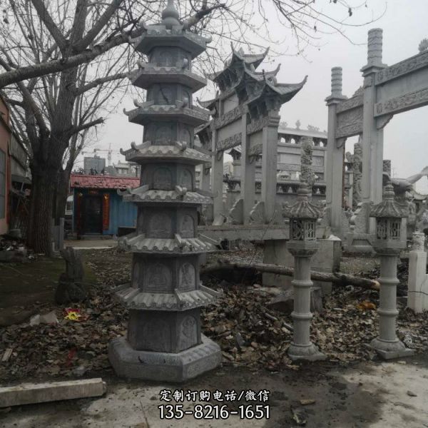 寺廟門前擺放青石石燈塔擺件雕塑 （4）