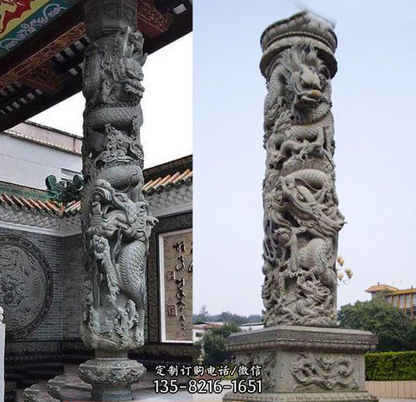 寺院祠堂門前裝飾仿古青石龍柱雕塑（3）