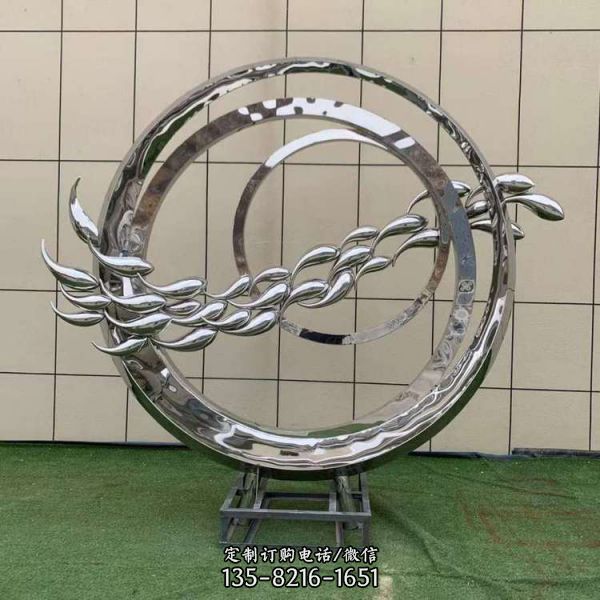 不銹鋼鏡面創意魚群圓環雕塑