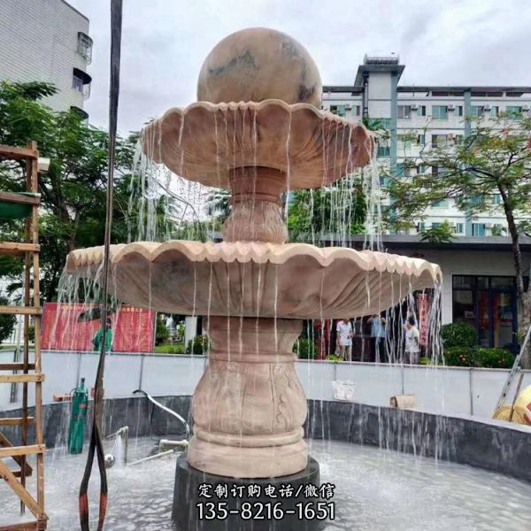 別墅庭院大理石晚霞紅石球流水噴泉景觀擺件（4）