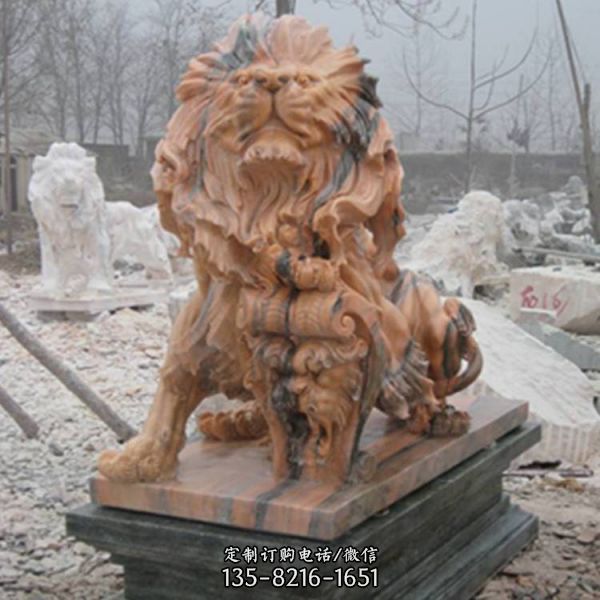別墅小區鎮宅門口晚霞紅雕刻歐式石獅子雕塑（3）