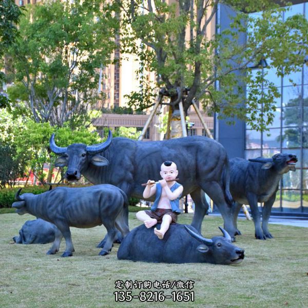 玻璃鋼仿真動物牧童騎水牛園林景觀雕塑擺件（4）