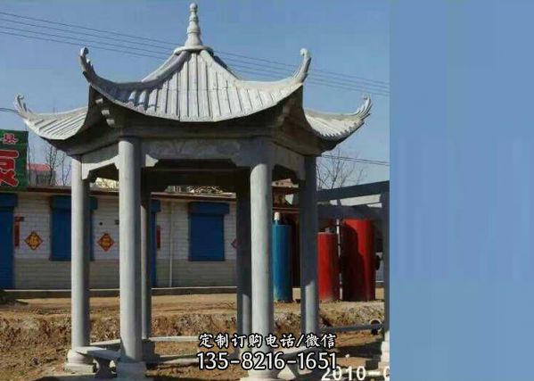 學校公園擺放青石仿古六角石雕亭子（6）
