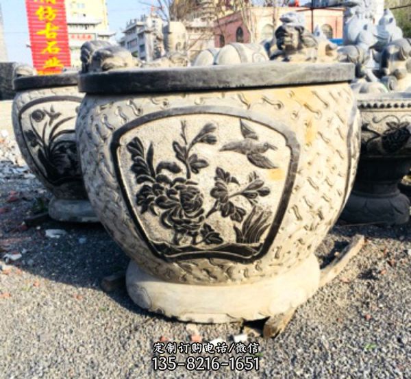 別墅仿古圓形養魚石缸 中式石雕花盆雕塑（4）