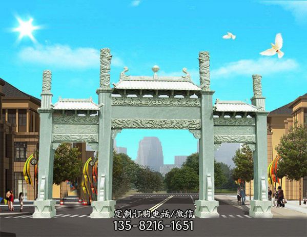 村口擺放青石仿古建筑牌坊雕塑（1）
