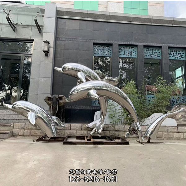 酒店會所門口不銹鋼鏡面跳躍的海豚景觀擺件