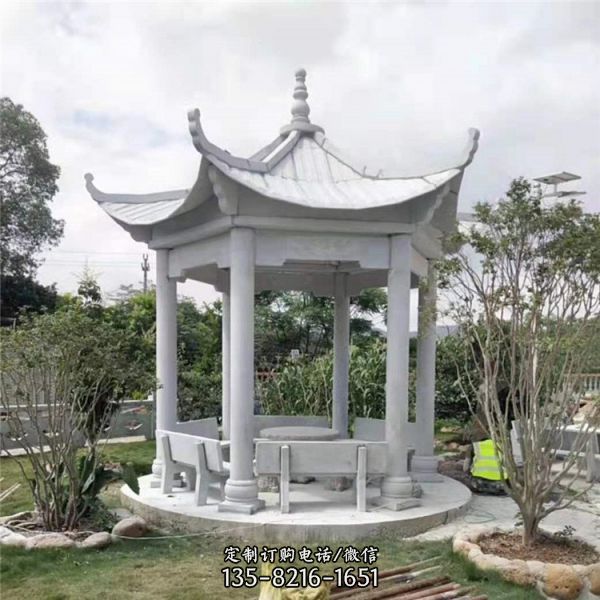 戶外大型景觀大理石石雕乘涼六角涼亭雕塑（5）