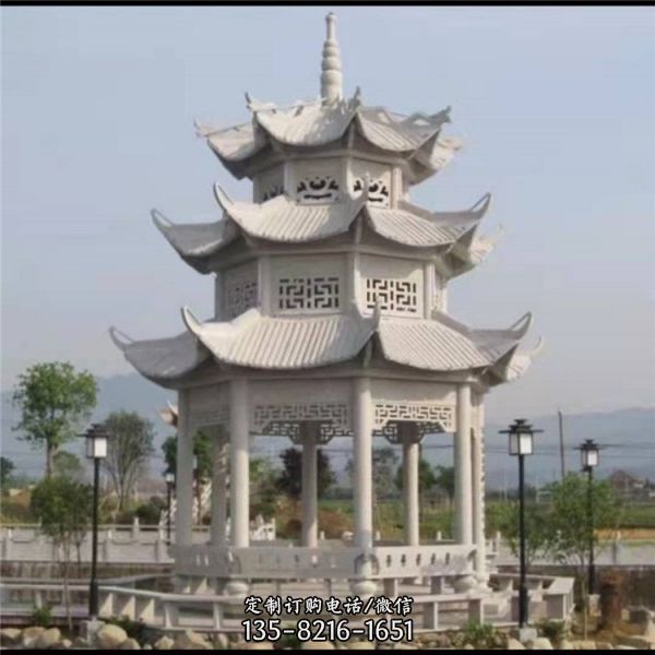 戶外大型景觀大理石石雕乘涼六角涼亭雕塑（4）
