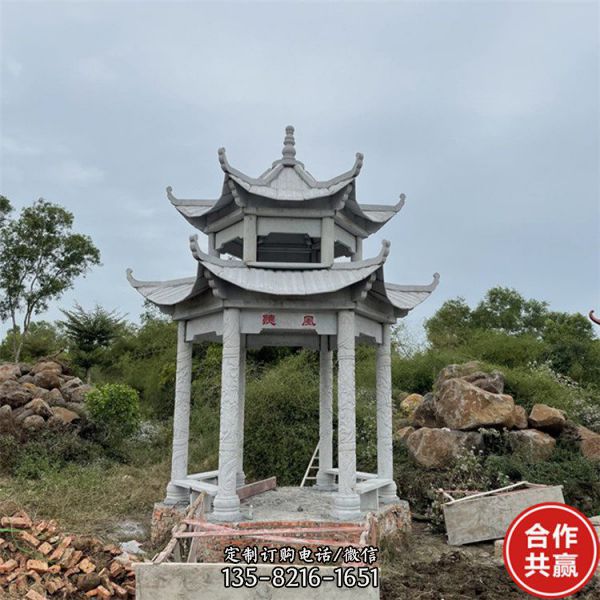 景區戶外擺放中式青石仿古雙層涼亭雕塑