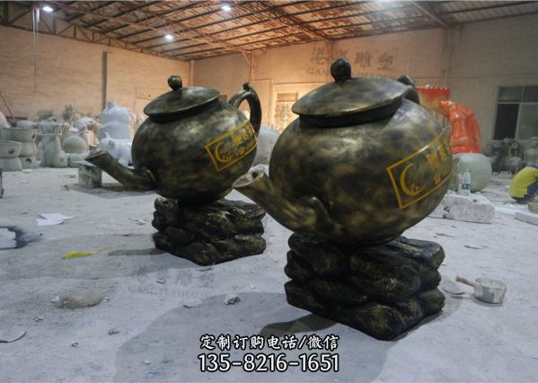 戶外公園擺放大型玻璃鋼仿銅茶壺雕塑 （4）