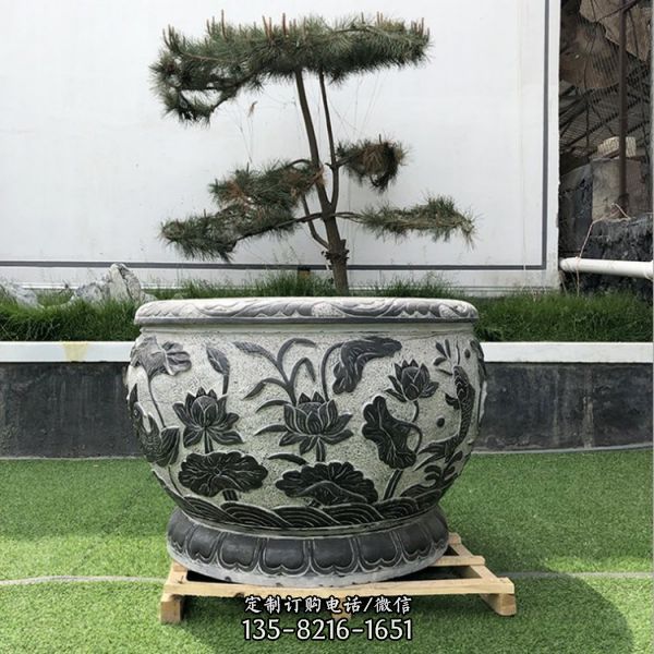 庭院青石仿古雕刻荷花養魚缸裝飾擺件（1）