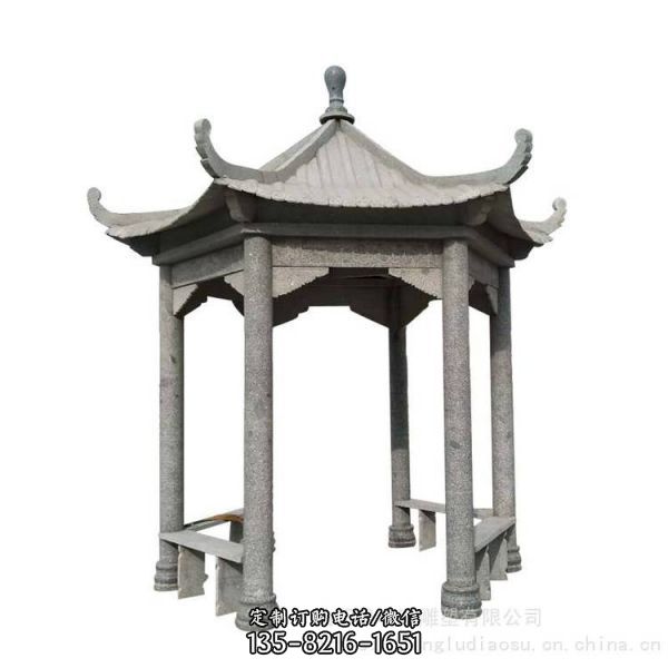 戶外石雕涼亭大理石六角雙層石亭子公園擺件雕塑（5）