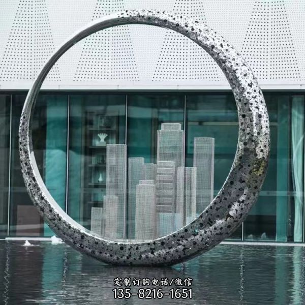 不銹鋼噴霧圓環(huán)金屬月亮發(fā)光噴泉水景裝飾擺件定制雕塑（4）