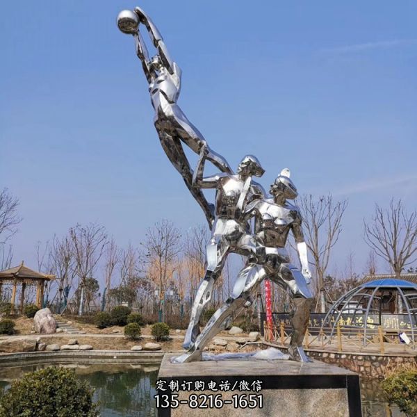 不銹鋼鏡面抽象幾何園林景觀擺件創意打籃球的人物