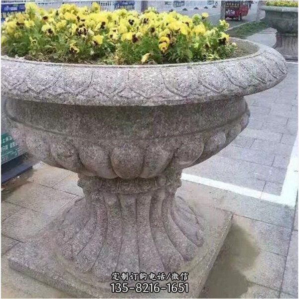 黃銹石石材花盆 中式花紋石雕花缽 園林景觀擺放石缽雕塑