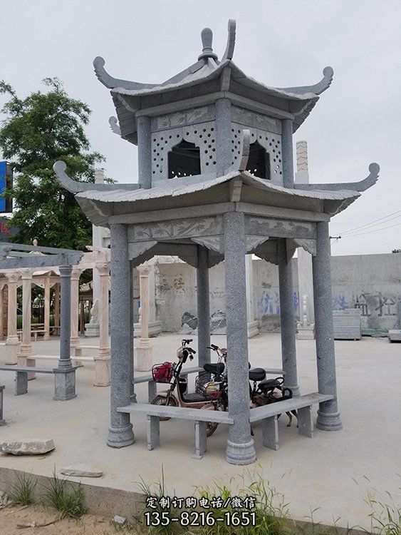 園林公園擺放青石仿古建六角涼亭雕塑 （2）