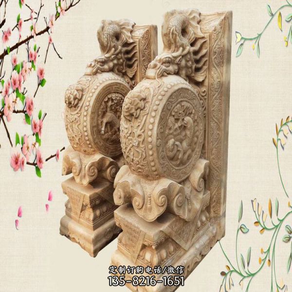 晚霞紅石雕浮雕一對鎮(zhèn)宅抱鼓石雕塑