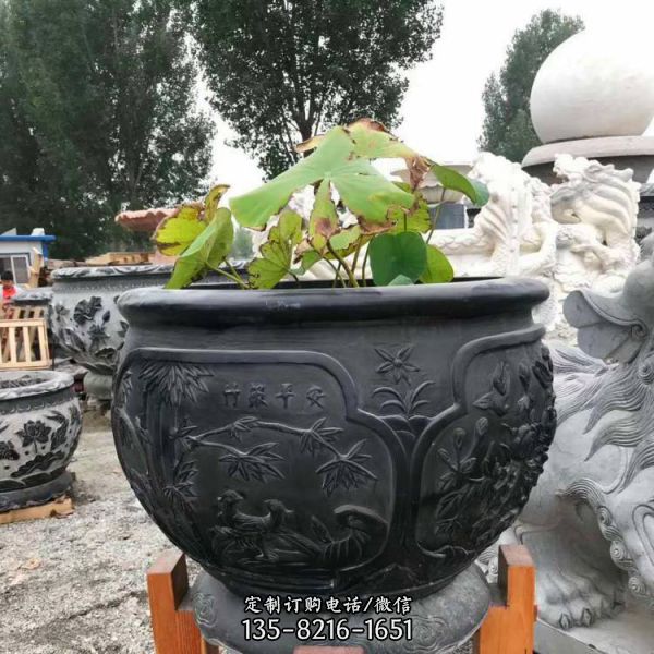 庭院戶外擺放青石風水缸荷花魚石盆水槽