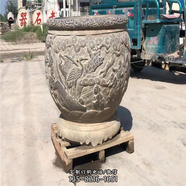  仿古石雕魚缸庭院擺件漢白玉老石缸雕塑（3）