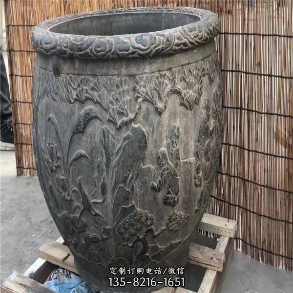  仿古石雕魚缸庭院擺件漢白玉老石缸雕塑（2）