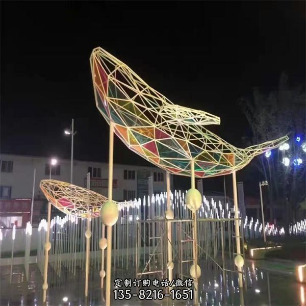 大型不銹鋼景觀雕塑 廣場抽象鏤空發光鯨魚擺件 （4）