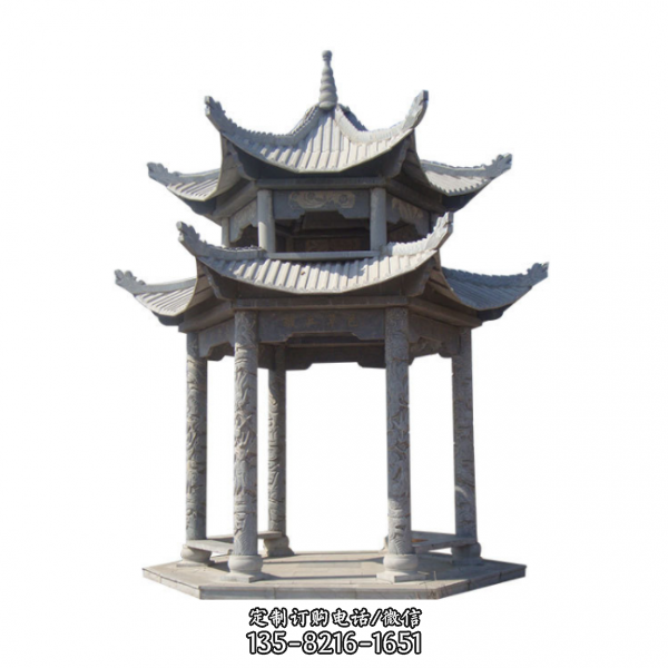 公園青石仿古中式雙層六角石雕亭子（3）