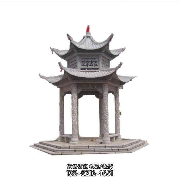公園青石仿古中式雙層六角石雕亭子（4）