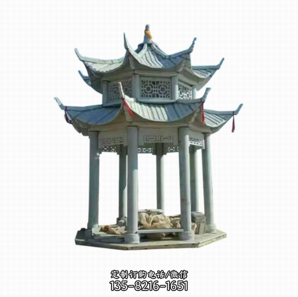 公園青石仿古中式雙層六角石雕亭子（6）