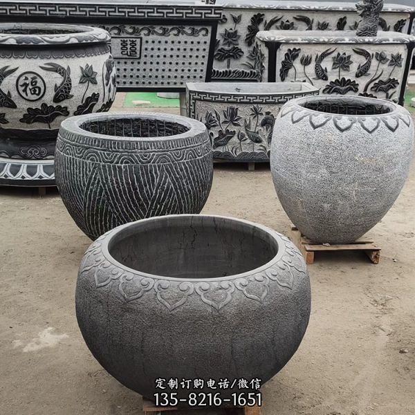青石石雕浮雕戶外庭院養花養魚魚缸雕塑（5）