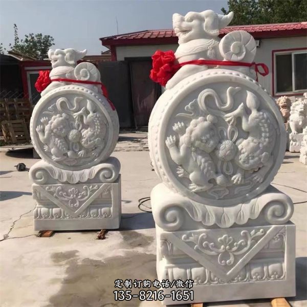 庭院門口門墩浮雕鎮宅貔貅抱鼓石雕塑