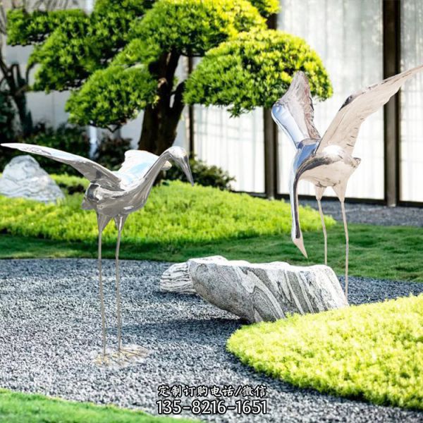 園林草坪抽象動物不銹鋼鏡面仙鶴景觀雕塑（3）
