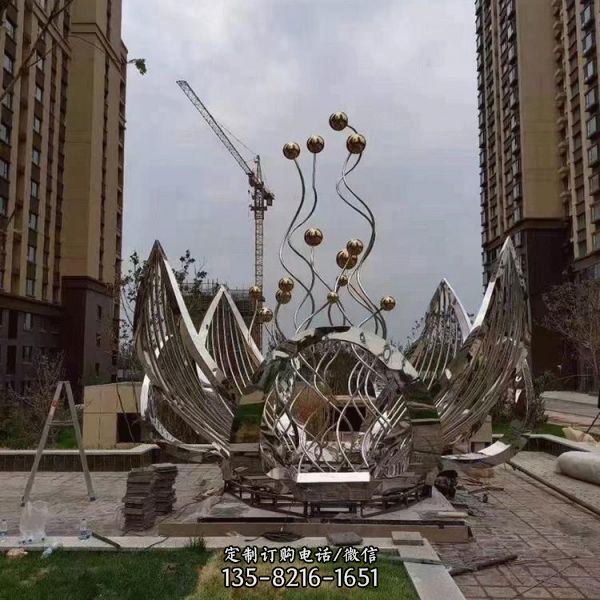 不銹鋼抽象園林景觀 戶外大型鏡面鏤空噴泉水景擺件