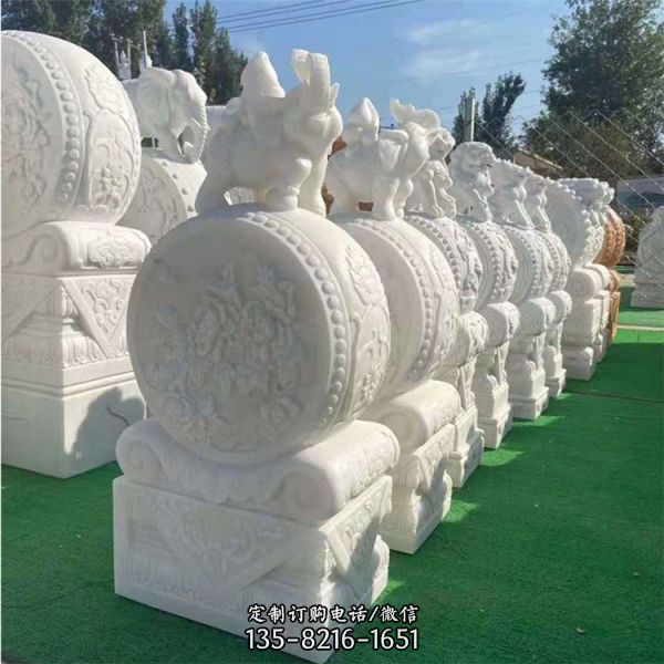 庭院門口一對門墩漢白玉石雕大象抱鼓石