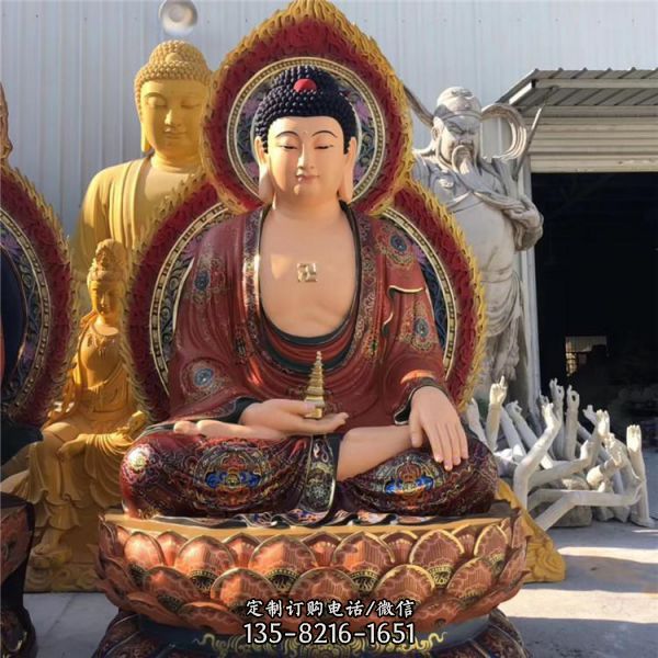 佛堂寺廟玻璃鋼三世佛彩繪貼金佛像（5）