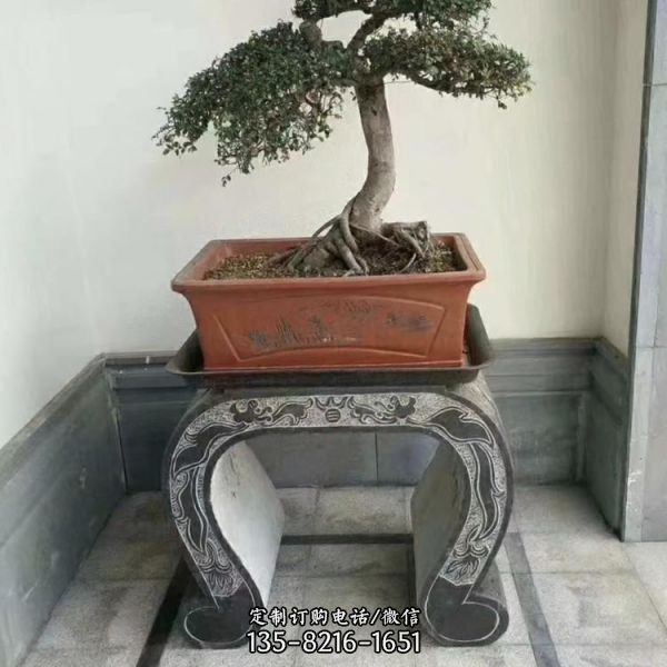 石雕中式花架室內客廳仿古石材擺件盆景底座雕塑（2）