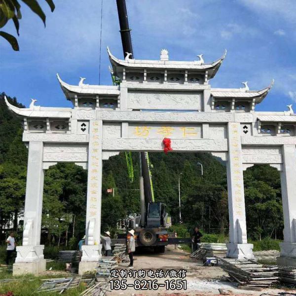大理石石雕戶外景觀三門四柱牌坊雕塑
