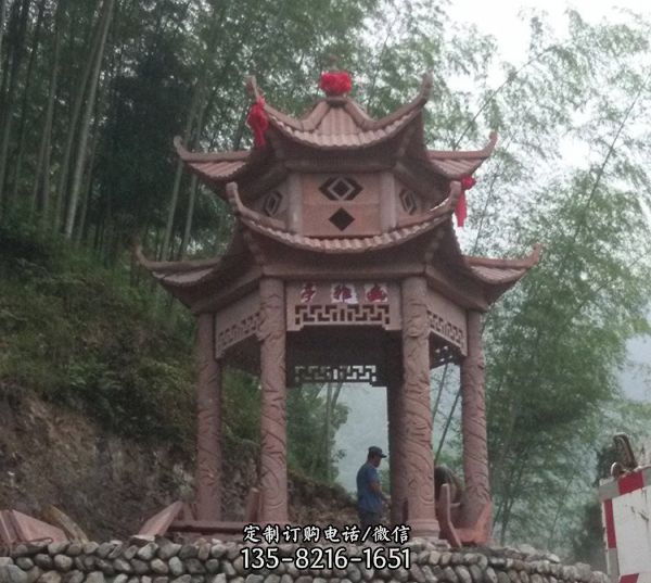 戶外公園仿古做舊晚霞紅復(fù)古石雕涼亭 （5）