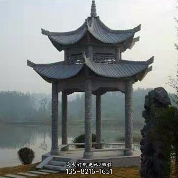 戶外公園大理石石雕雙層六角涼亭雕塑（2）