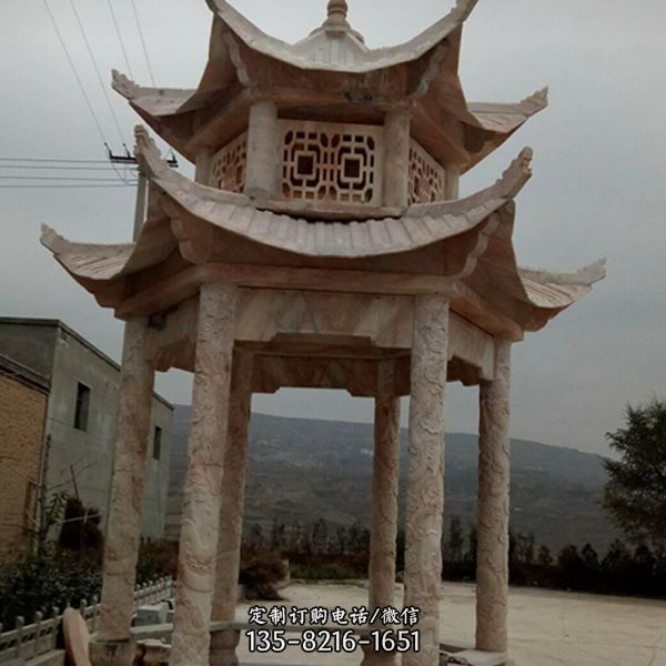 小區(qū)公園擺放雙層仿古六角石涼亭雕塑（4）