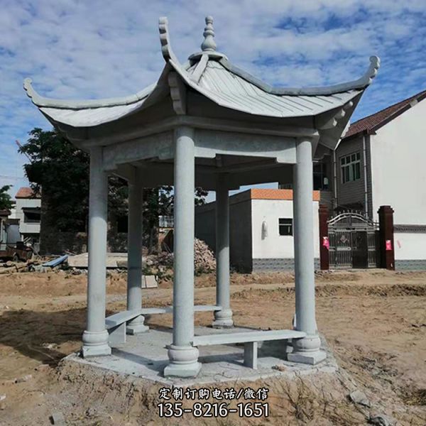 小區(qū)公園擺放雙層仿古六角石涼亭雕塑（1）