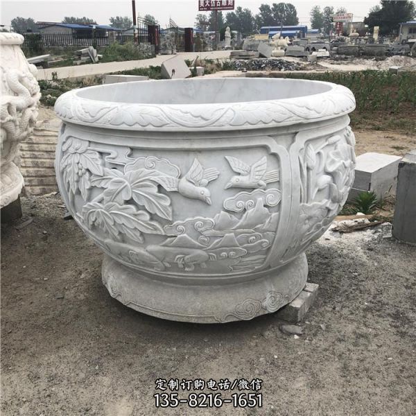 庭院擺放中式青石浮雕圓形水景魚缸雕塑擺件（3）