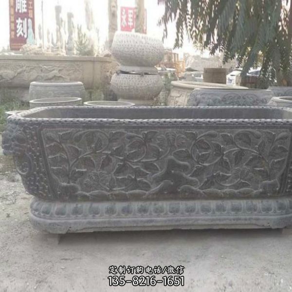 戶外園林青石石雕浮雕長方形魚缸雕塑