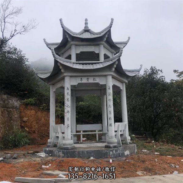 園林小區擺放大理石精雕細琢雙層6角石涼亭（2）
