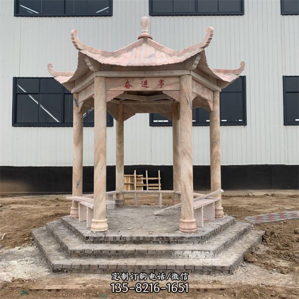 園林小區擺放大理石精雕細琢雙層6角石涼亭（6）