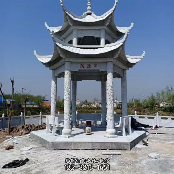 園林小區擺放大理石精雕細琢雙層6角石涼亭（5）
