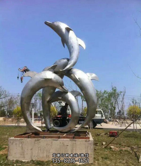 金屬海洋動物景觀商場不銹鋼鏡面創意海豚雕塑（5）
